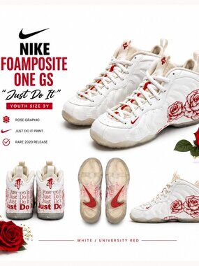Nike Air Foamposite One GS Just Do It Roses White Red CU1055-100 Youth Size 3Y